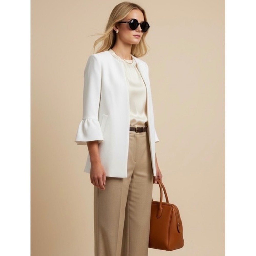 Zara Woman White Bell‎ Sleeve Size Small Ruffle Open Front Blazer Jacket
